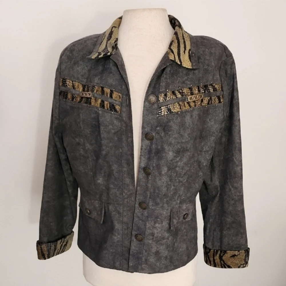 Nancy Bolen Jacket Faux Suede with Animal Print Accents Green Plus Size 14